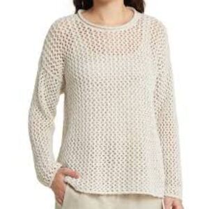 Velvet Ivory Crew Neck Open Knit Lightweight Sweater 3/4 Sleeve S - Made in USA